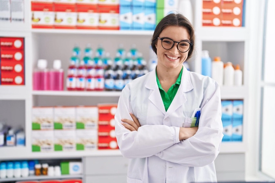 Smiling pharmacist in a pharmacy