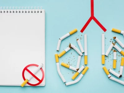 Broken cigarettes forming a lung shape with no smoking symbol and a blank notebook.